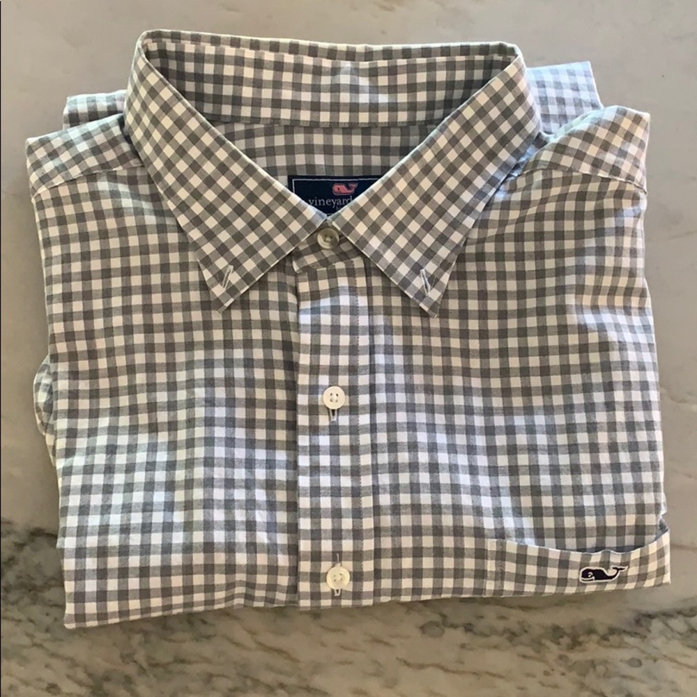 Grey and white plaid button up.